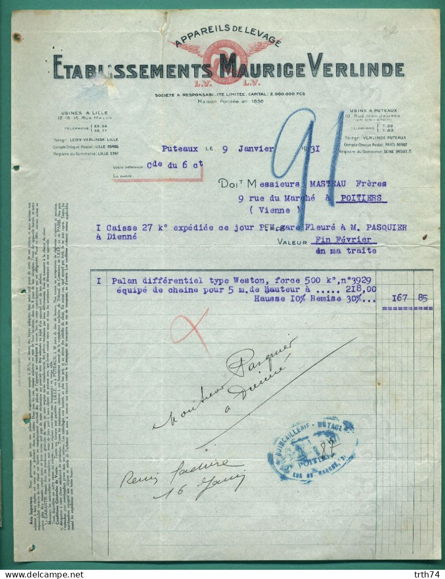 92 Puteaux Usine à Lille Verlinde Maurice Appareils De Levage 9 Janvier 1931 - Petits Métiers