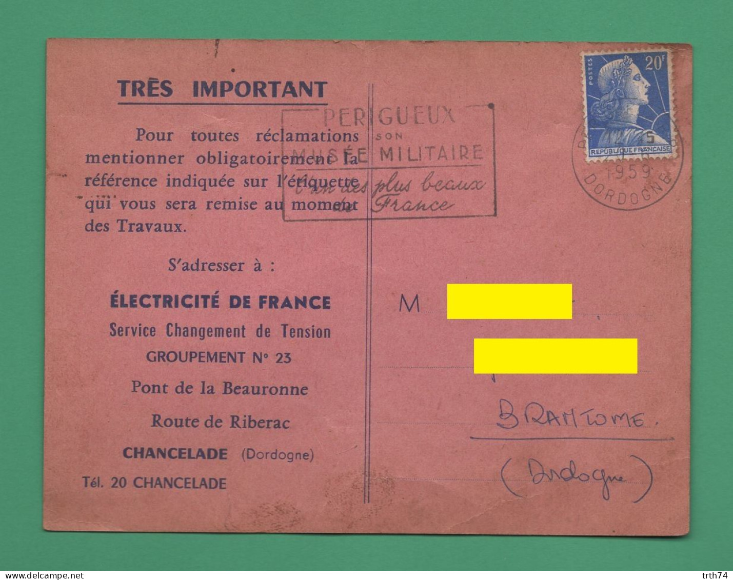 24 Chancelade Électricité De France EDF Avis De Changement De Tension à Brantome ( Dordogne ) 1959 - Brantome