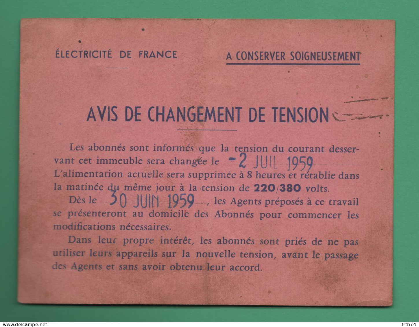 24 Chancelade Électricité De France EDF Avis De Changement De Tension à Brantome ( Dordogne ) 1959 - Brantome