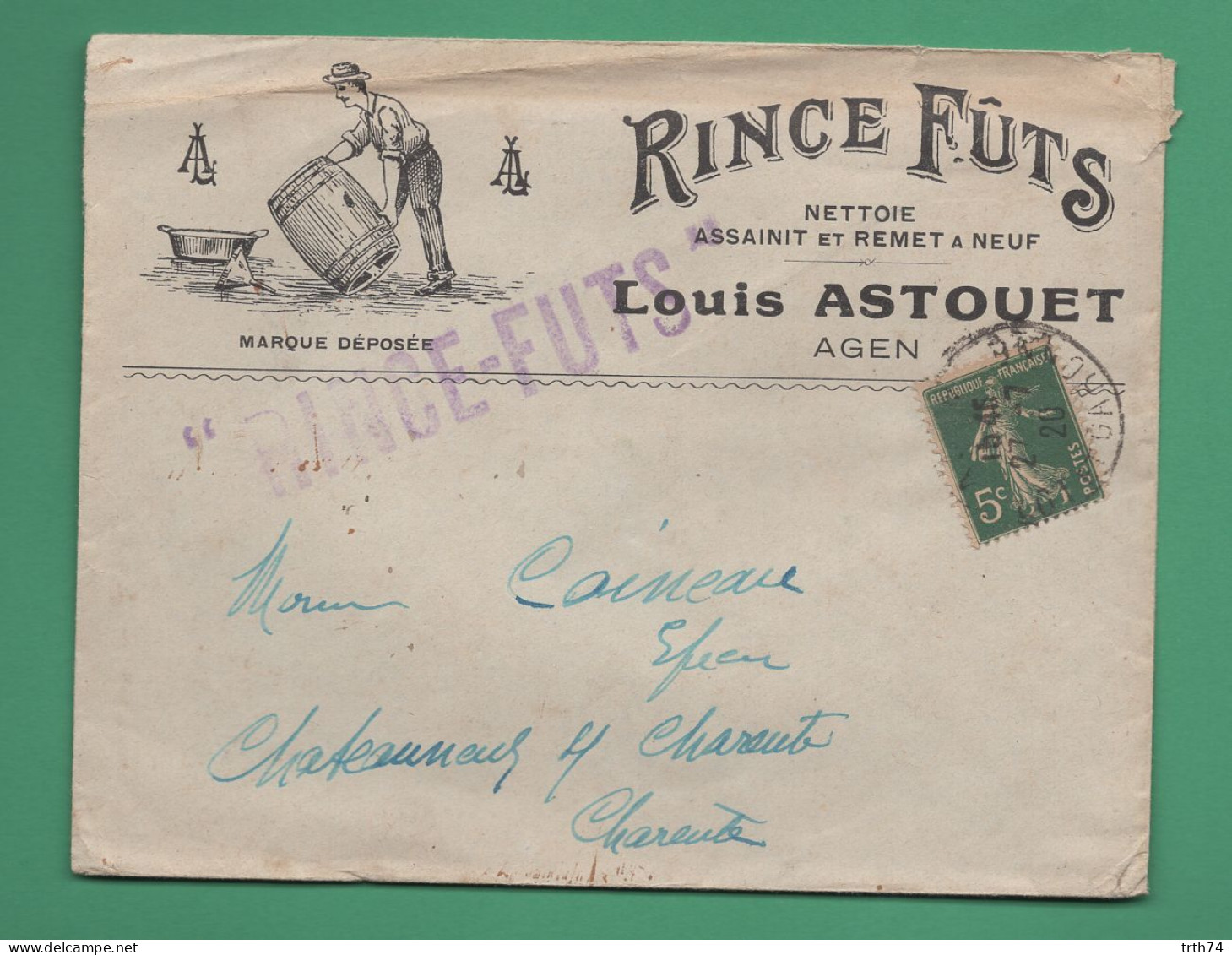 47 Agen Astouet Louis Rince Futs Nettoie Assainit ( Tonneau, Barrique ) Enveloppe Destination Châteauneuf Charente 1920 - Agriculture