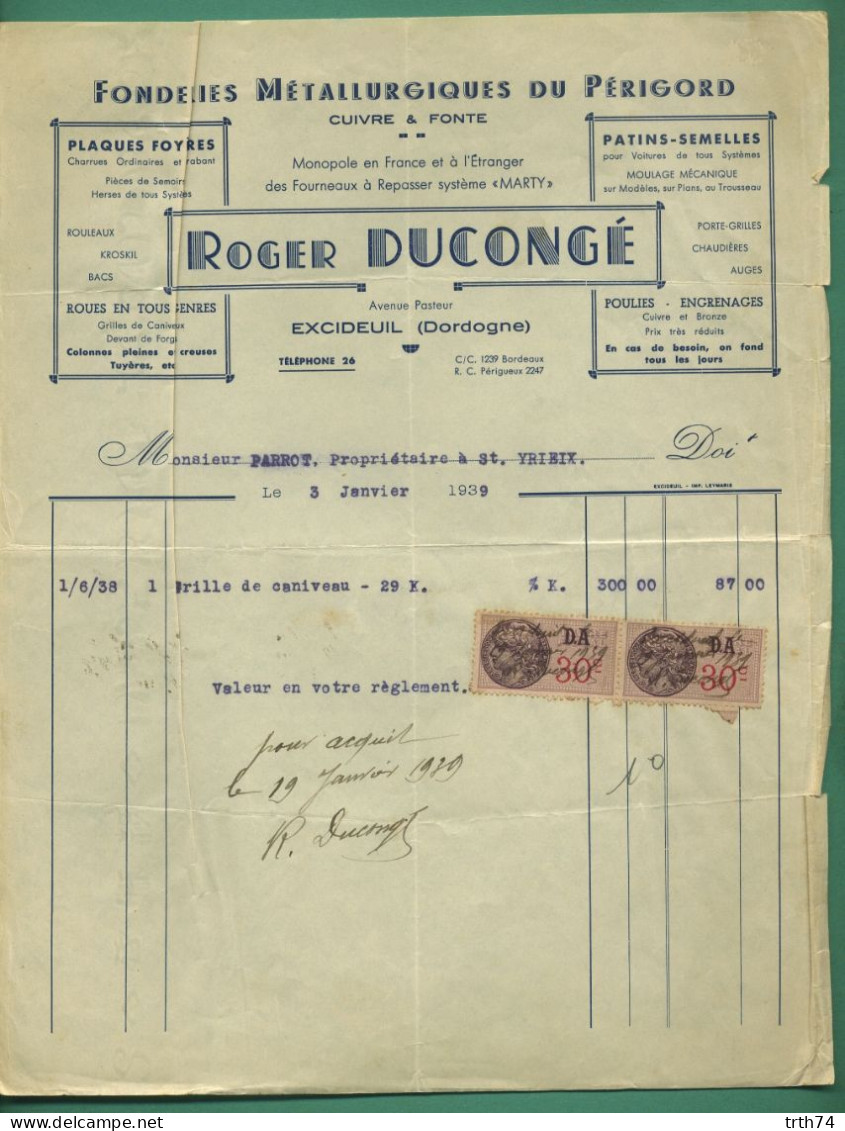 24 Excideuil Ducongé Roger Fonderie Métallurgiques Du Périgord Cuivre Et Fonte 3 Janvier 1939 - Ambachten