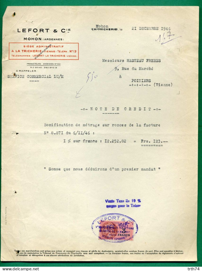 08 Mohon Lefort  Siège Administratif à La Tricherie ( Vienne ) Timbre Fical 21 Décembre 1946 - Other & Unclassified