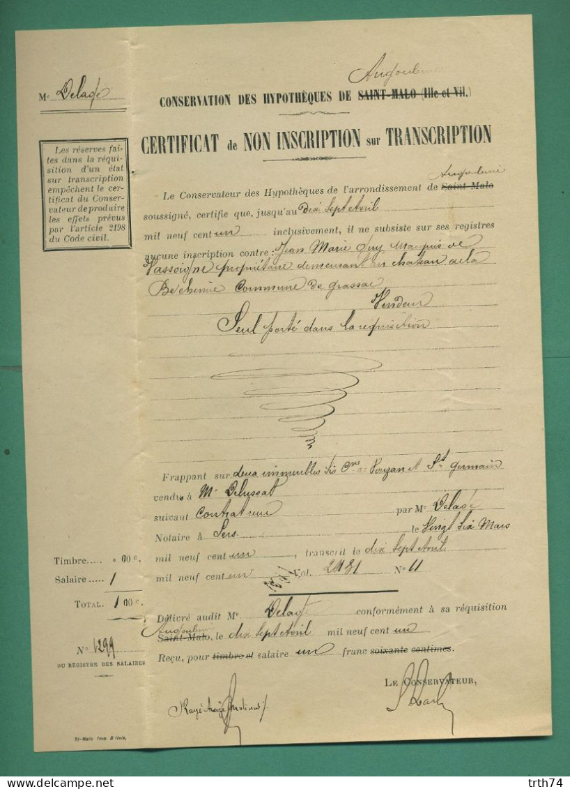 16 Angoulême Conservation Des Hypothèques 1901 Certificat Non Inscription   Marquis Grassac , Vouzan, St Germain - Autres & Non Classés