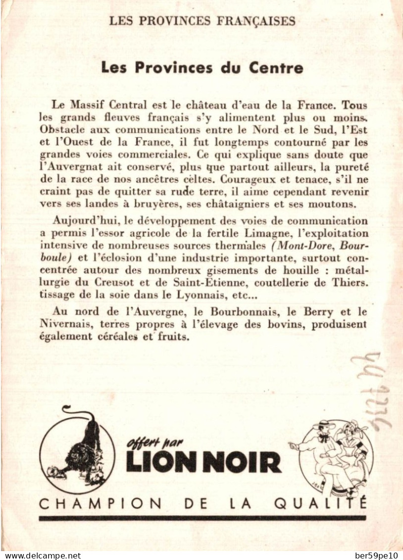 CHROMO LION NOIR LES PROVINCES FRANCAISES LES PROVINCES DU CENTRE - Sonstige & Ohne Zuordnung