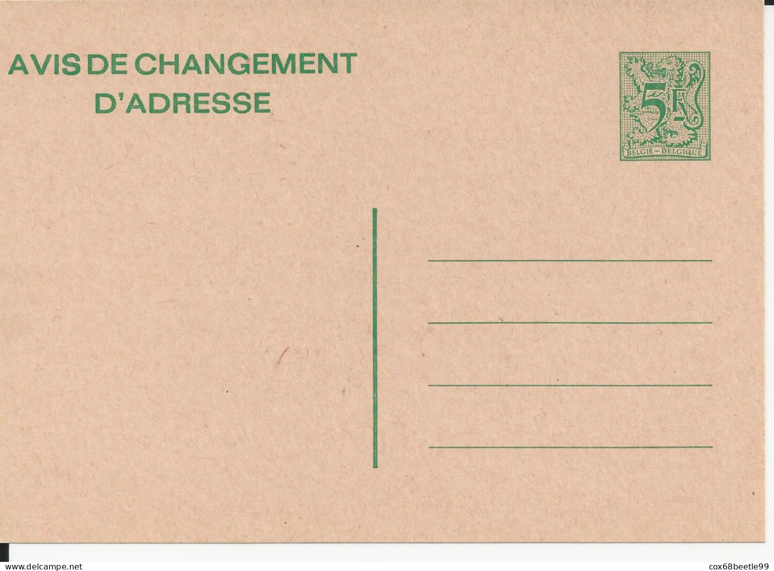 Belgique Belgie Avis Changement D'adresse 5 Francs Neuf Non Circulé - Avis Changement Adresse