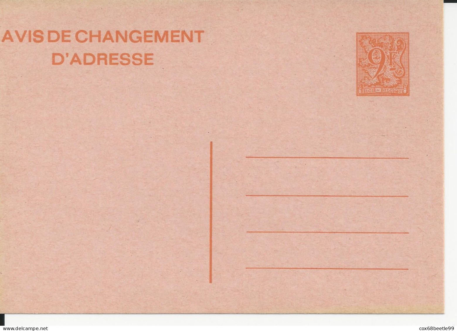 Belgique Belgie Avis Changement D'adresse 9 Francs Neuf Non Circulé - Addr. Chang.