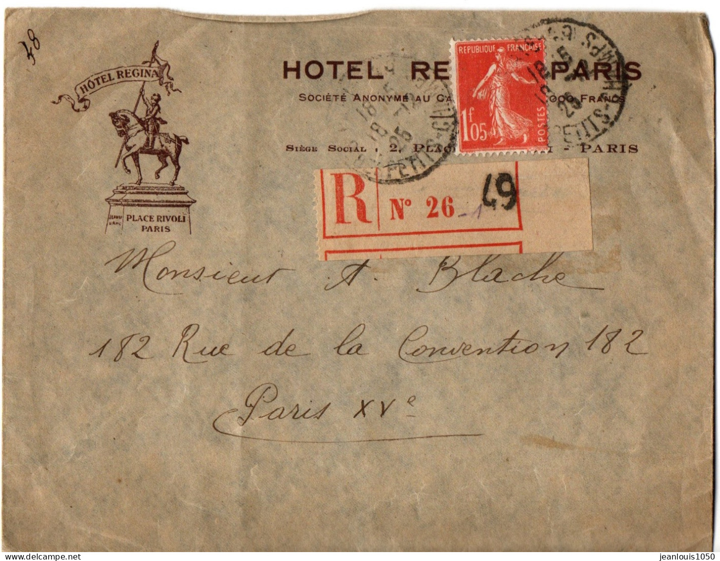 FRANCE SEMEUSE 1Fr05 SEULE SUR LETTRE RECOMMANDEE OBLITEREE SUR LETTRE A L'ENTETE DE L'HOTEL REGINA - 1906-38 Sower - Cameo