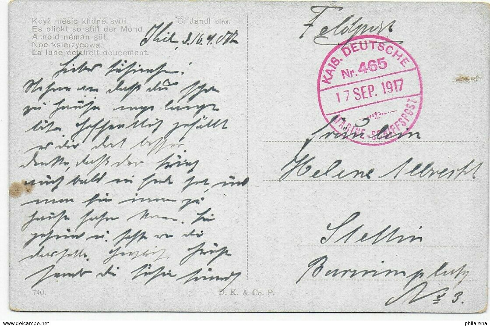 Kaiserlich Dt. Marine Schiffspost Nr. 465 - Eskimo- 1917 Nach Stettin, Feldpost - Feldpost (postage Free)