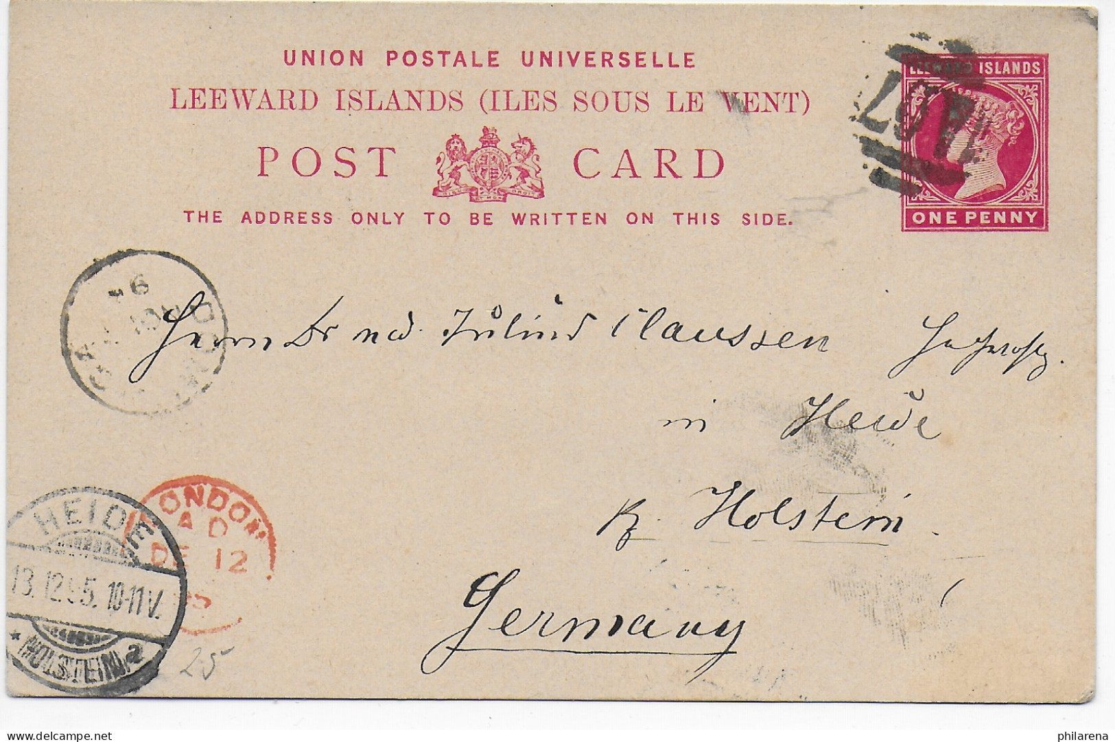 Post Card Leeward Islands Via London To Heide/Germany, 1895 - St.Kitts En Nevis ( 1983-...)