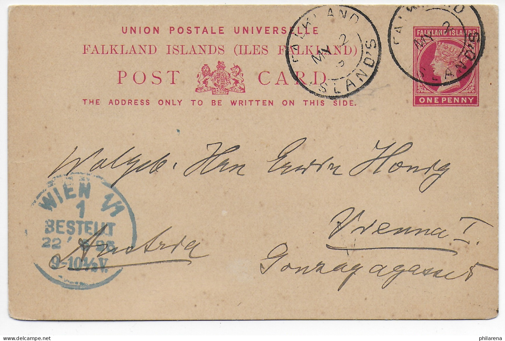 Post Card Falkland Islands Port Stanley 1895 Nach Wien - Falklandinseln