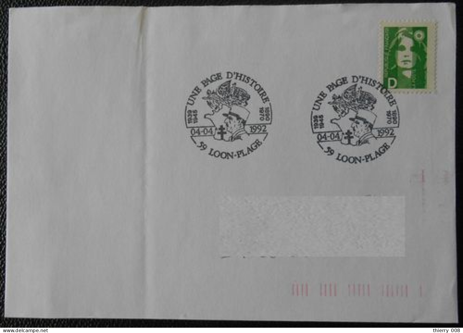 L092 Cachet Temporaire Loon Plage 59 Nord Une Page D'Histoire 4 Avril 1992 - Commemorative Postmarks