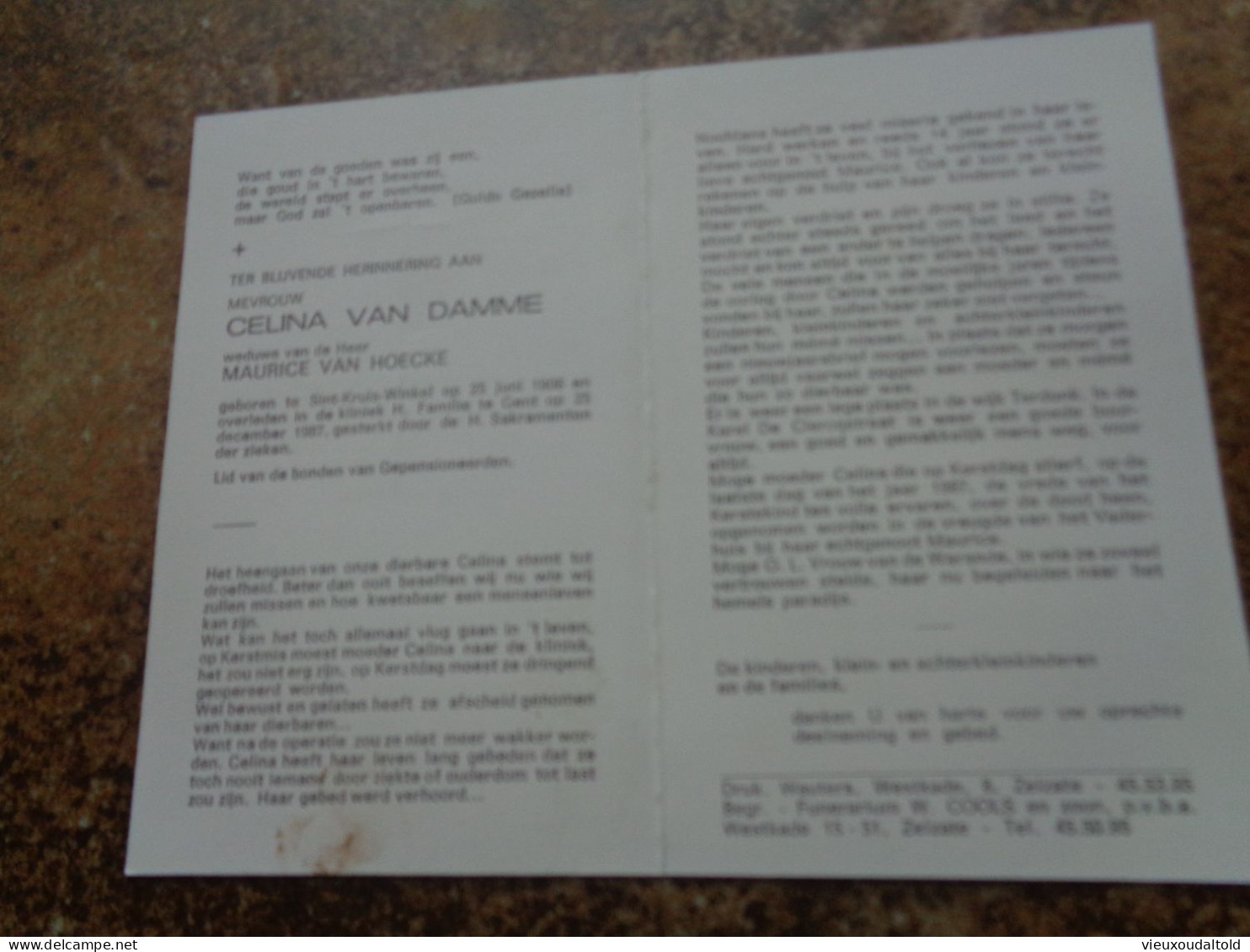 Doodsprentje/Bidprentje  CELINA VAN DAMME   St Kruis Winkel 1906-1987 Gent  (Wwe Maurice VAN HOECKE) - Religion & Esotérisme