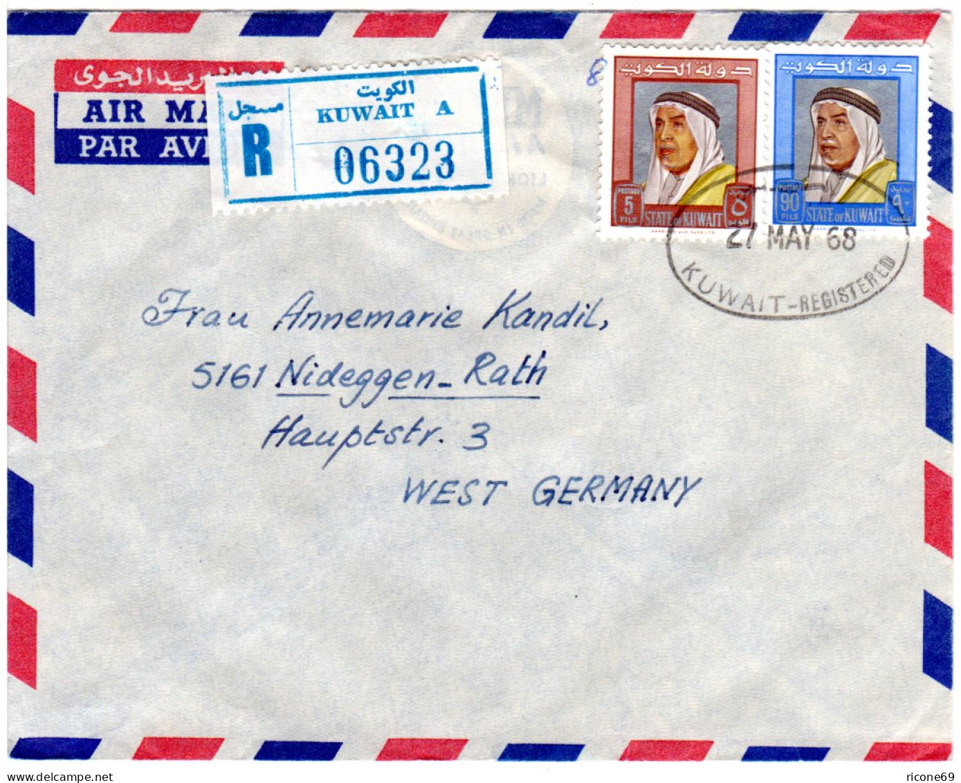 Kuwait 1968, 90+5 F. Auf Luftpost Einschreiben Brief N. Deutschland - Sonstige - Asien