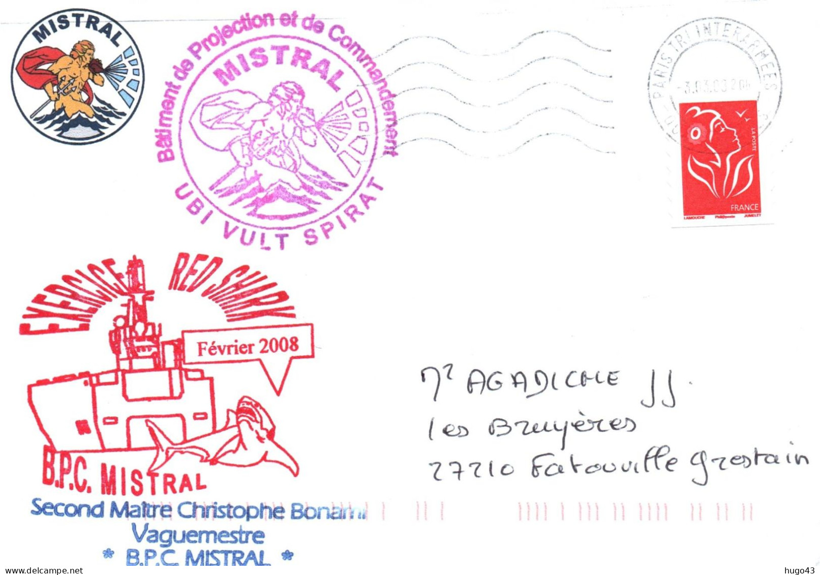 ENVELOPPE AVEC CACHET B.P.C. MISTRAL - UBI VULT SPIRAT - EXERCICE RED SHARK FEVRIER 2008 - LE 03/3/2008 - Naval Post