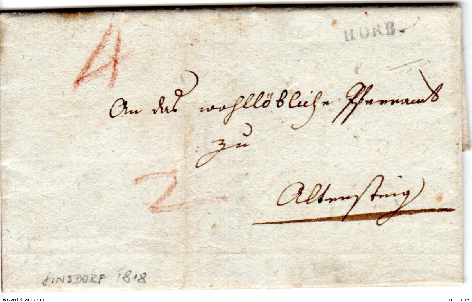 Württemberg 1818, L1 HORB Auf Porto Brief V. Sinsdorf N. Altensteig - Préphilatélie