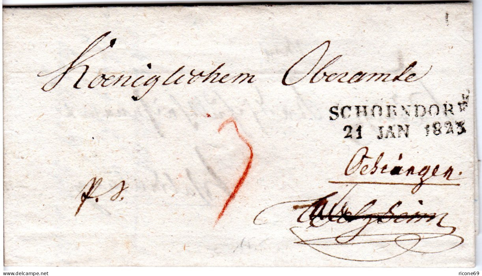 Württemberg 1823, L2 SCHORNDORF Auf Portofr. Brief N. Welzheim Dann N. Öhringen - Prephilately