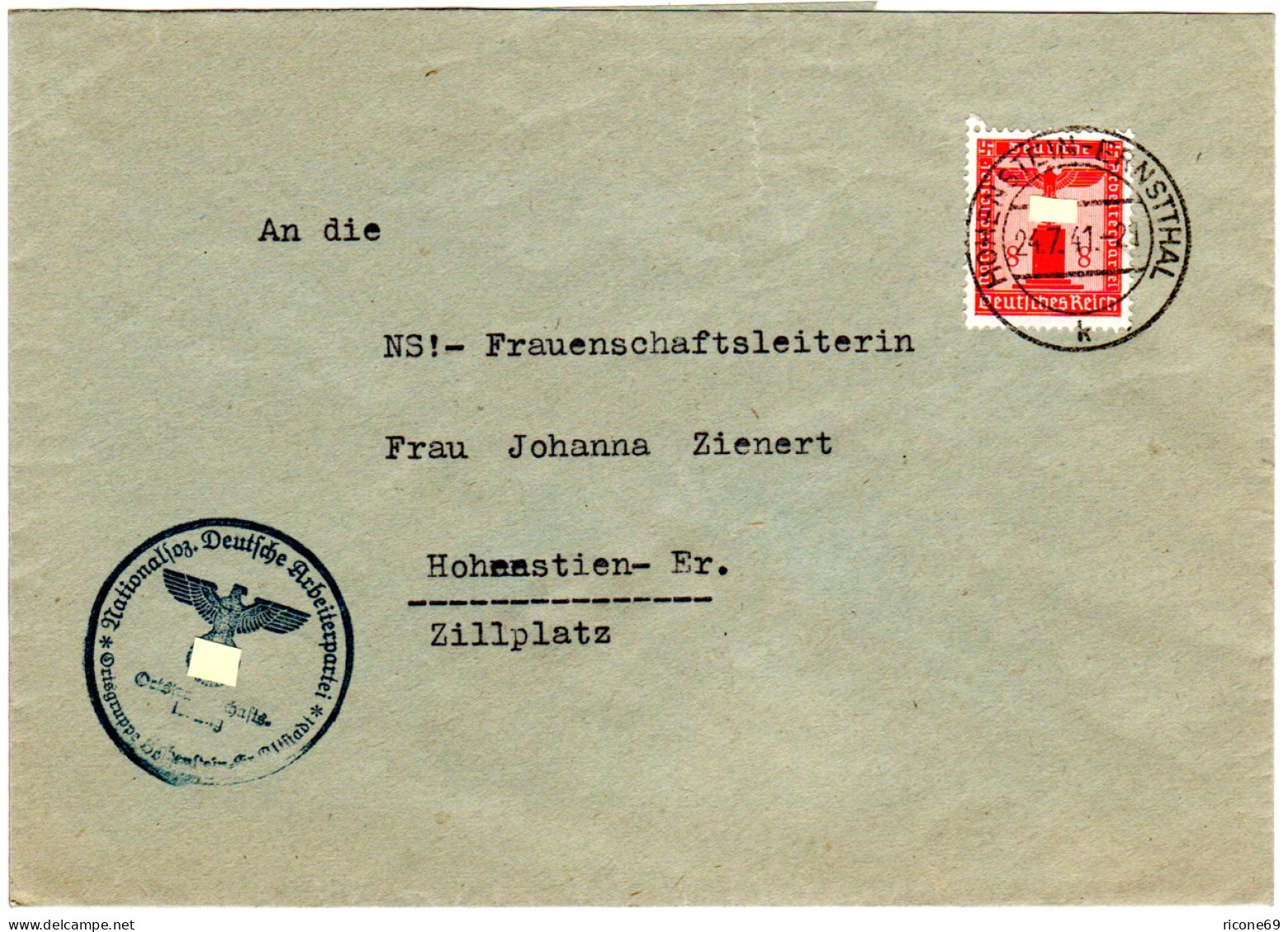 DR 1941, EF 8 Pf. Dienst Auf Orts Brief V. Hohenstein-Ernstthal - Dienstmarken