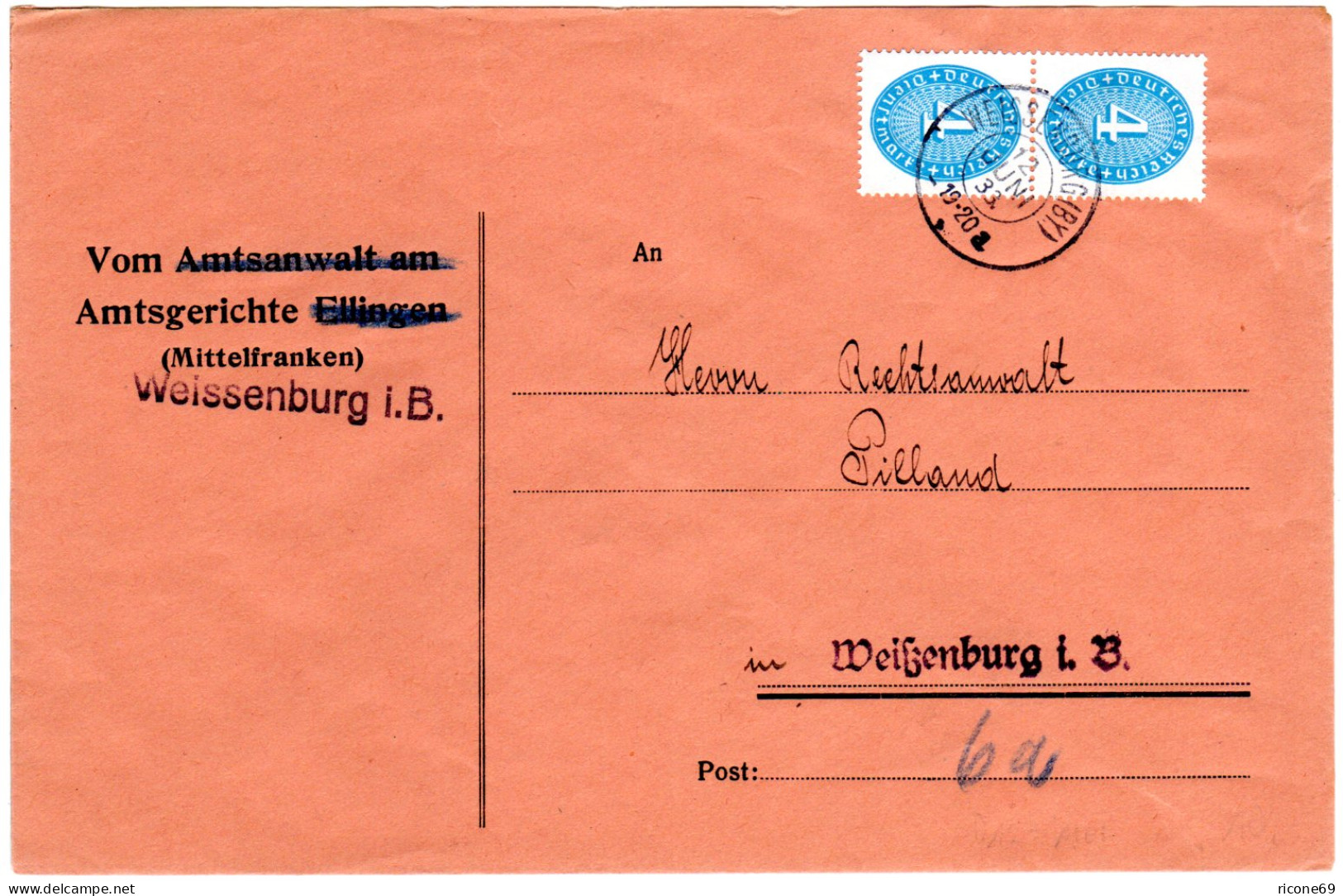 DR 1933, MeF Paar 4 Pf. Dienst Auf Orts-Brief V. Weissenburg - Officials