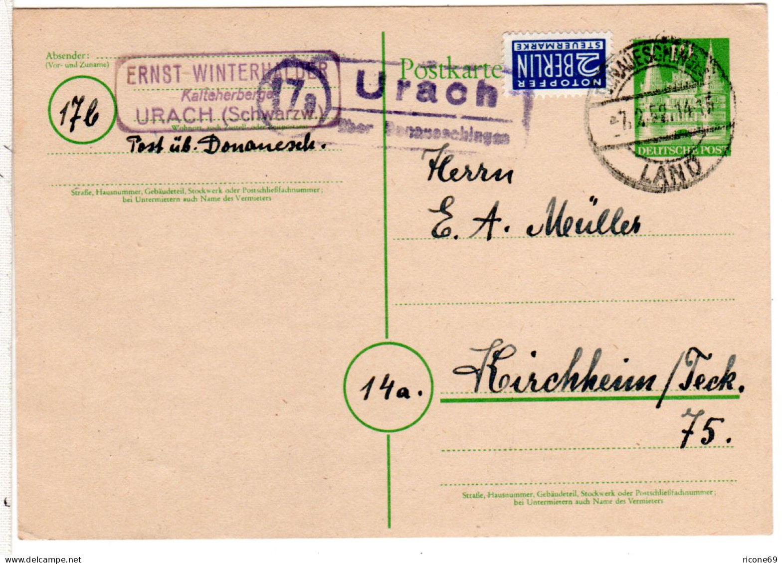 BRD 1952, Landpost Stempel 17a URACH über Donaueschingen Auf 10 Pf. Ganzsache - Sammlungen