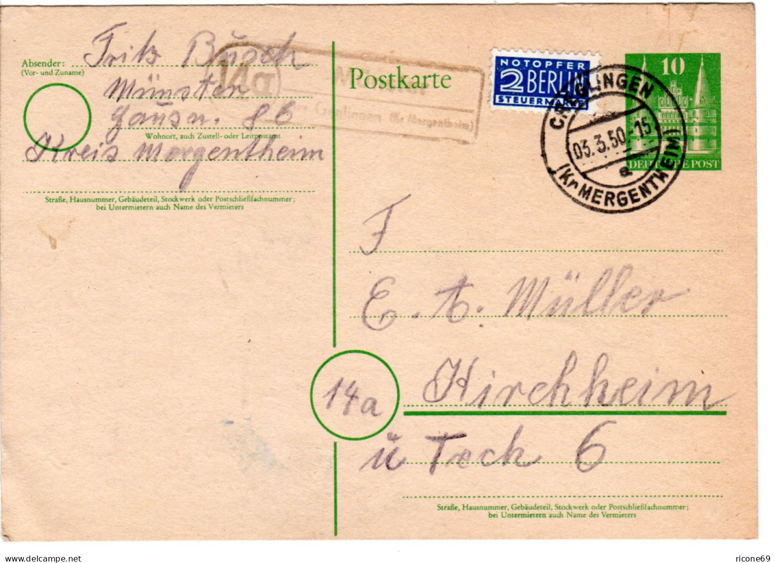 BRD 1950, Landpost Stpl. 14a MÜNSTER über Creglingen Auf 10 Pf. Ganzsache - Sammlungen