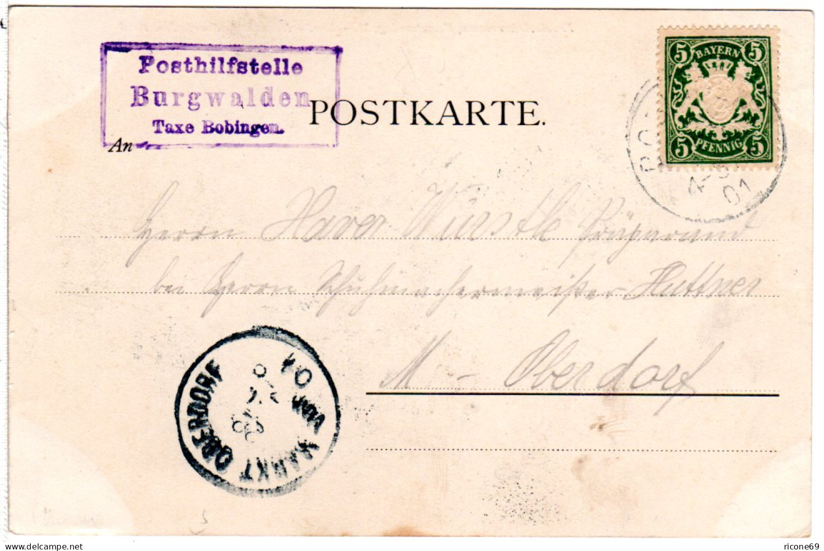 Bayern 1901, Posthilfstelle BURGWALDEN Taxe Bobingen Auf Karte M. 5 Pf. - Covers & Documents