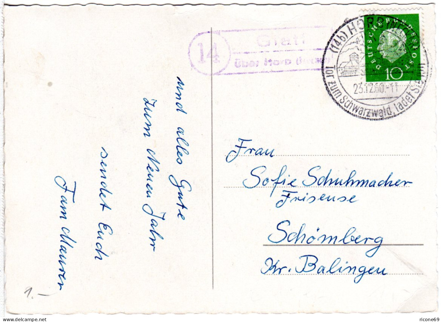 BRD 1962, Landpoststempel 14 GLATT über Horb Auf Karte M. 10 Pf.  - Brieven En Documenten