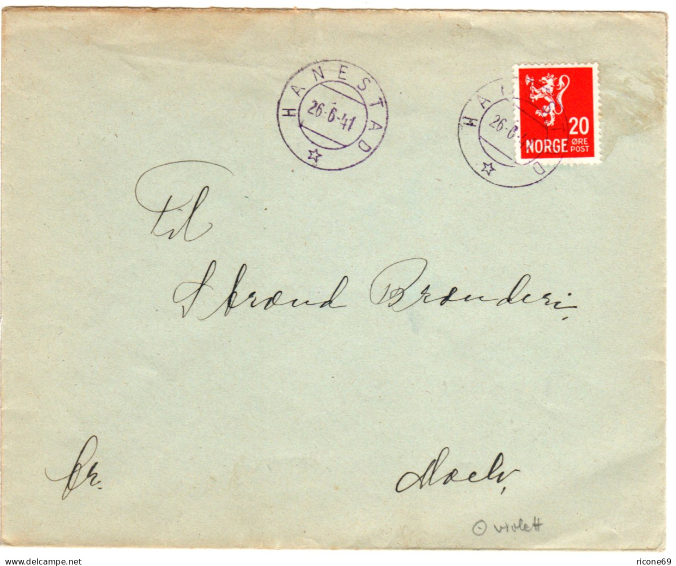 Norwegen 1941, Blauer Stpl. HANESTAD Auf Brief M. 20 öre. - Brieven En Documenten