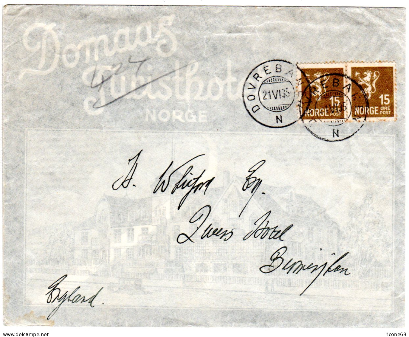 Norwegen 1935, 2x15 öre Auf Illustriertem Domaas Hotel Reklame Umschlag. - Briefe U. Dokumente