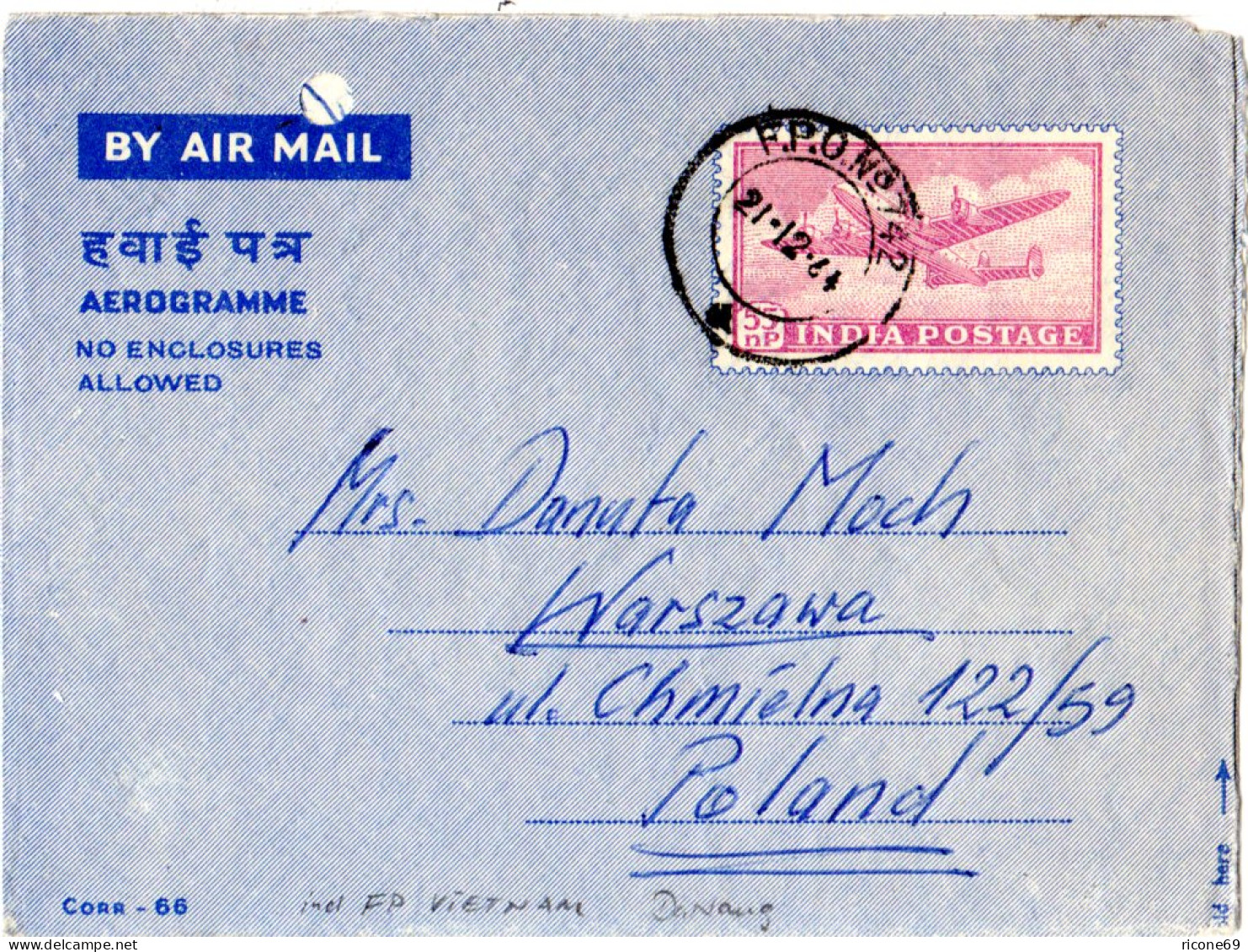 Indien Feldpost In Vietnam 1964, 55 NP. Aerogramm M. F.P.O. No. 742 V. Da Nang. - Altri & Non Classificati