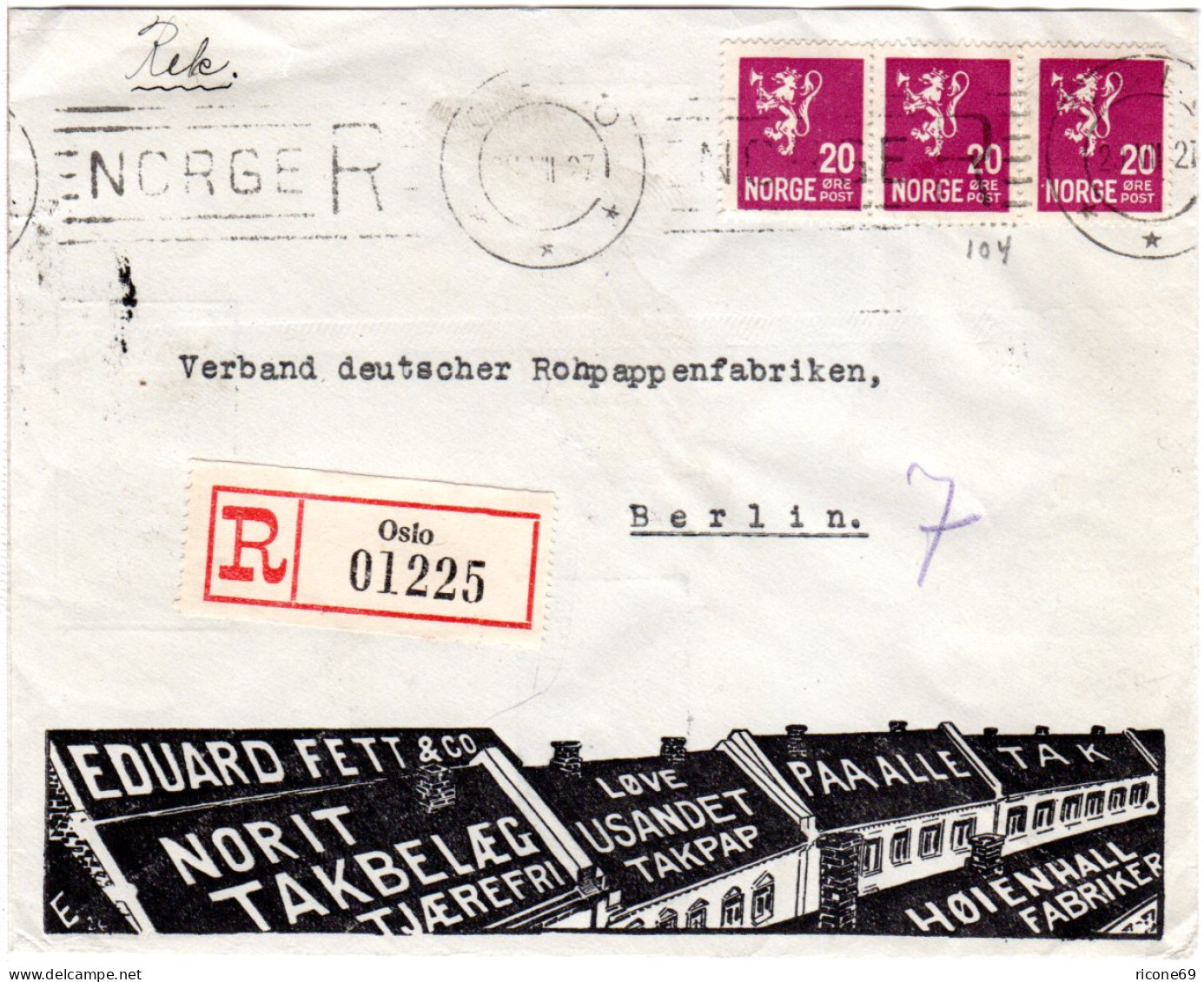 Norwegen 1927, 3x20 öre Auf Illustriertem Reklame Umschlag Von Oslo N. Berlin. - Lettres & Documents