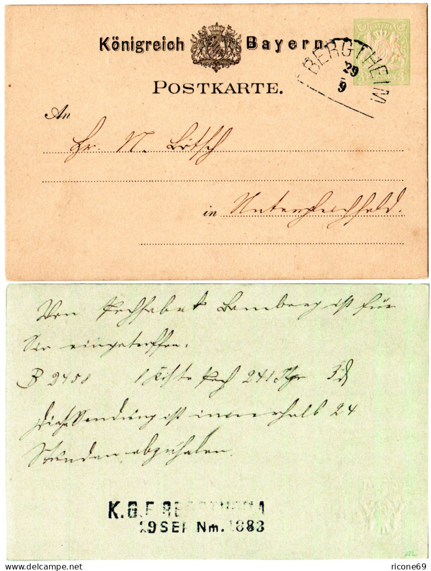 Bayern 1883, BERGTHEIM HKS- U. K.G.E.-L2 Auf 3 Pf. Ganzsache - Cartas & Documentos