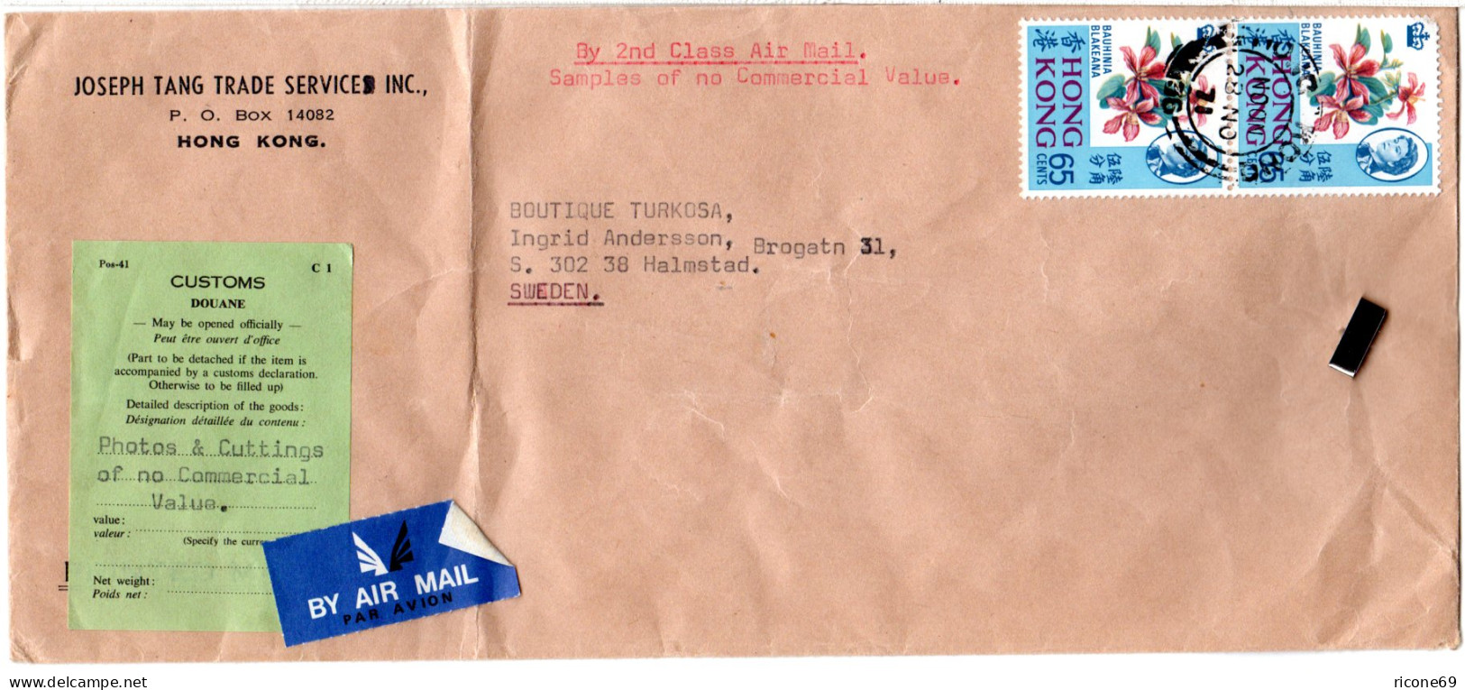 Hong Kong 1971, 2x65 C. On Sample Without Value 2nd Class Air Mail To Sweden - Sonstige - Asien
