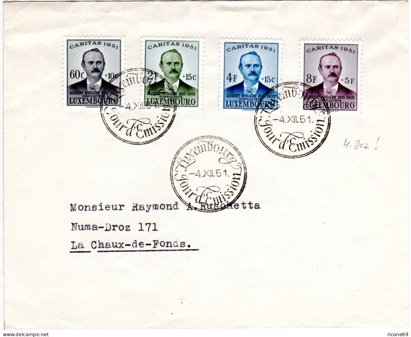 Luxembourg 1951, Caritas Kpl. Auf Brief M. Vorersttagsstempel 4.XII.! Vor FDC! - Sonstige & Ohne Zuordnung