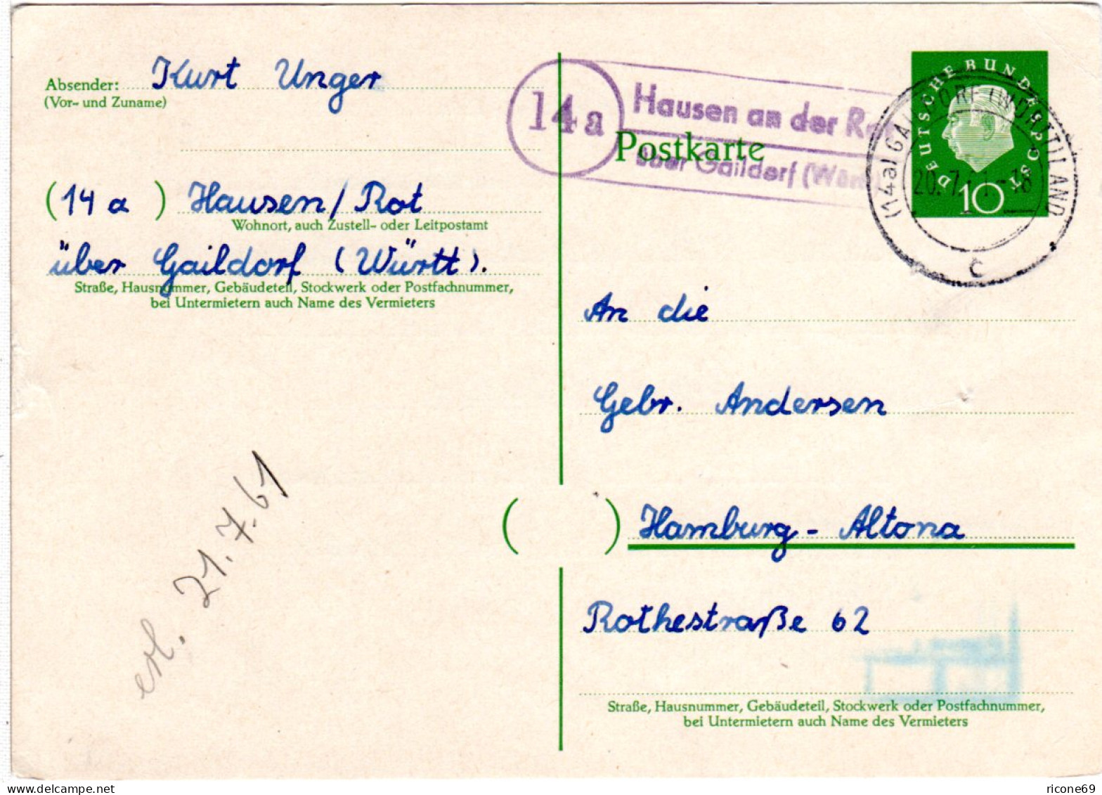 BRD 1961, Landpost Stpl. 14a HAUSEN AN DER ROT über Gaildorf Auf 10 Pf Ganzsache - Lettres & Documents