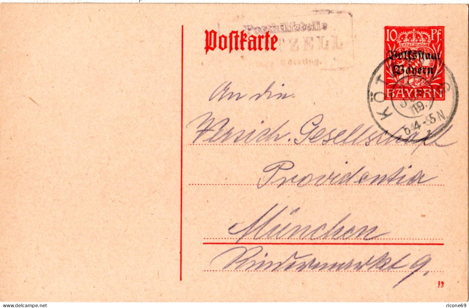 Bayern 1919, Posthilfstelle WETTZELL Taxe Kötzting Auf 10 Pf. Ganzsache. - Lettres & Documents