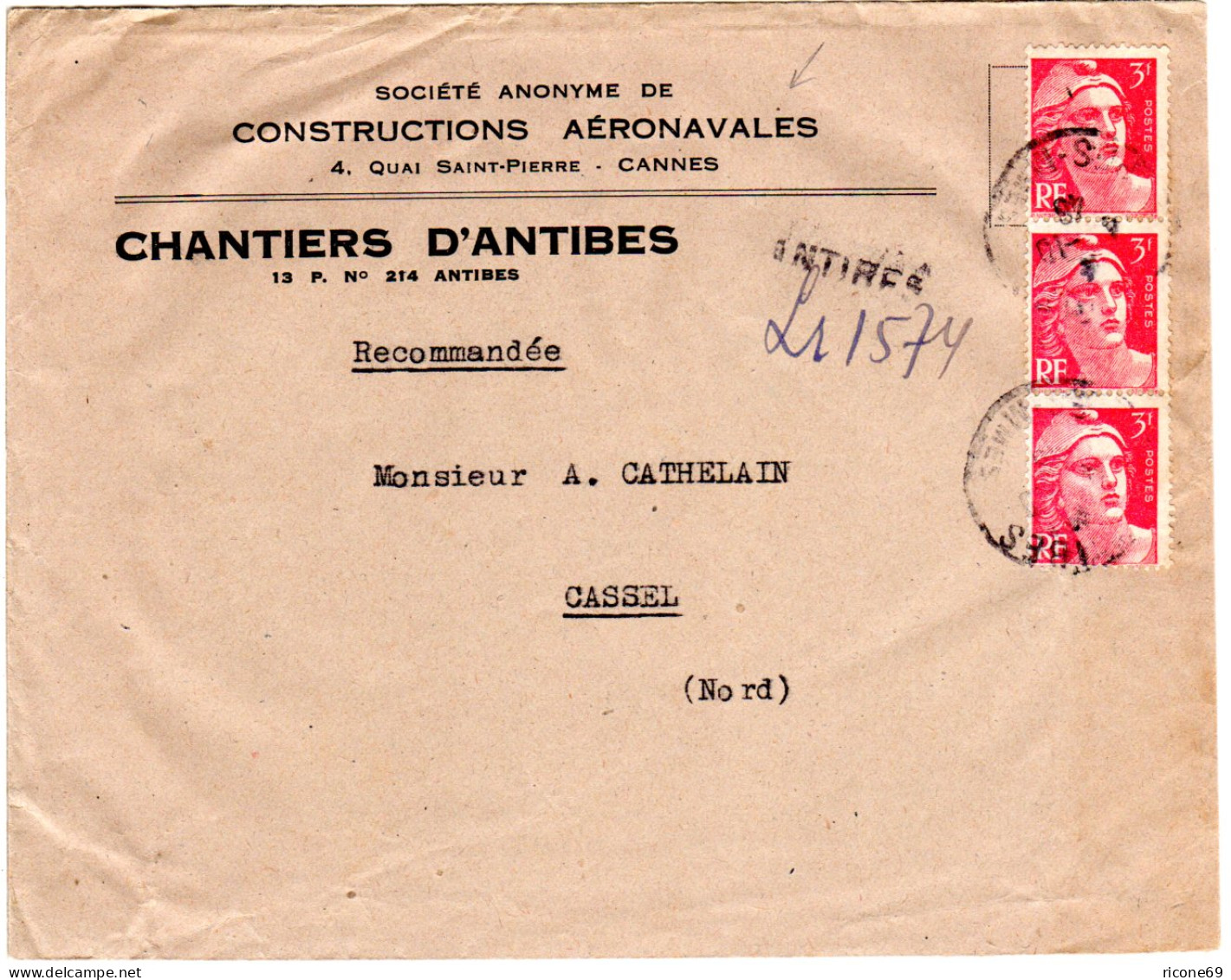 Frankreich 1946, 3x3 F. Auf Umschlag Constructions Aéronavales V. Antibes - Altri & Non Classificati