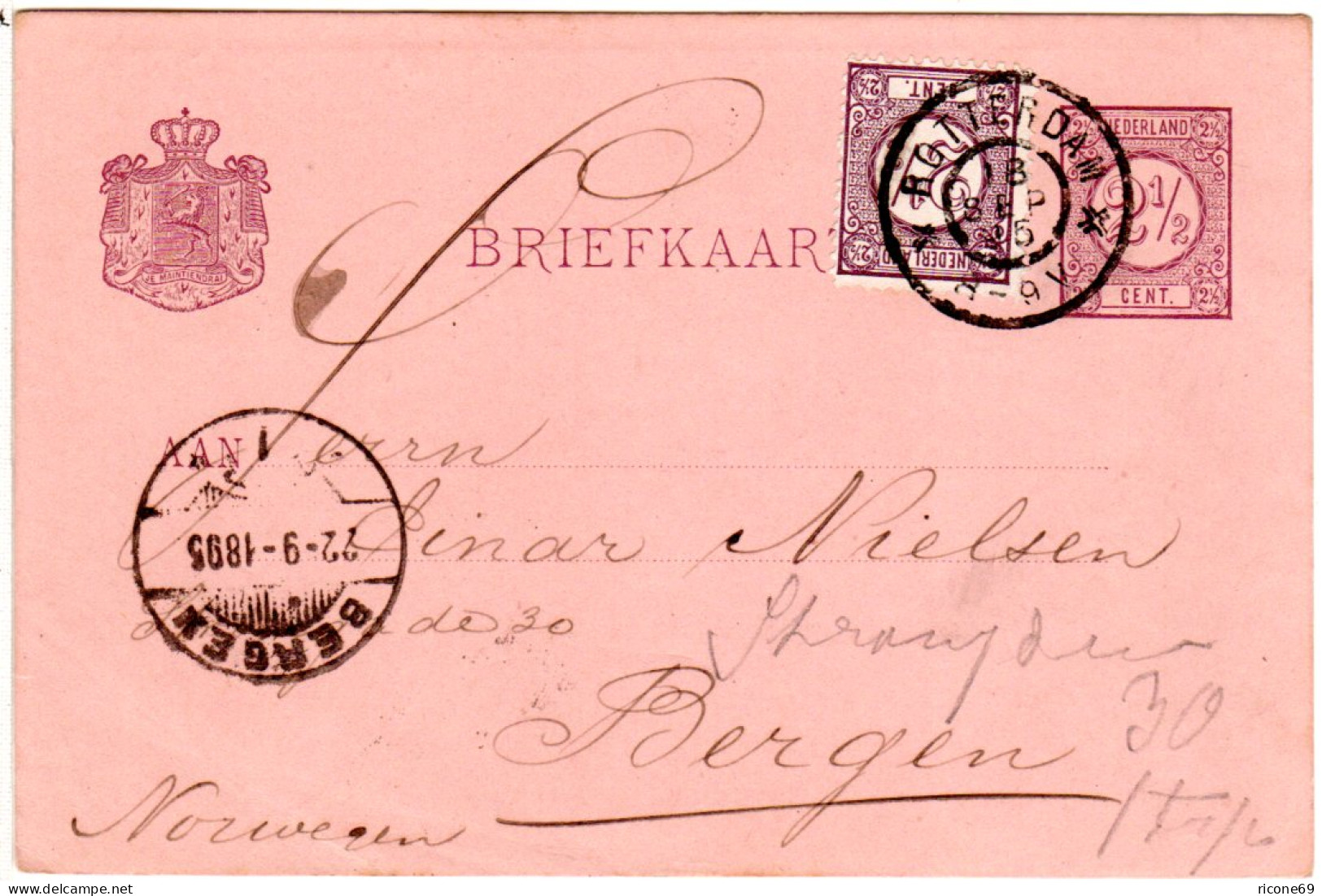 NL 1896, 2 1/2 C. Zusatzfr. Auf Ganzsache V. Rotterdam N. Norwegen M. Bergen TUR - Altri & Non Classificati