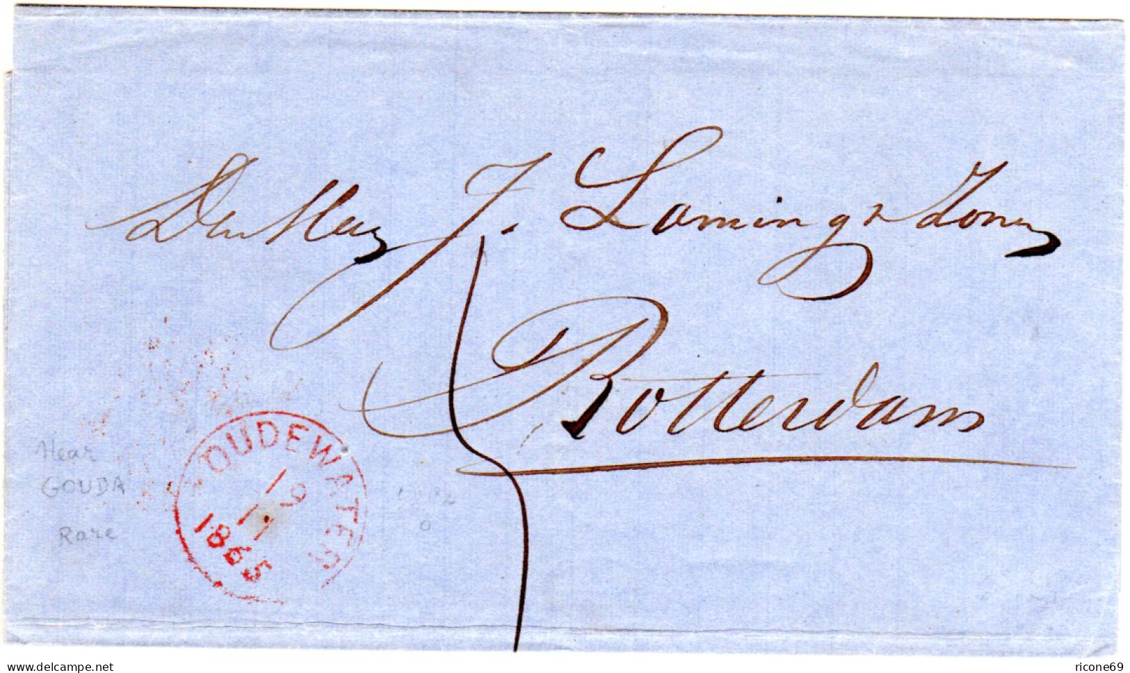 NL 1865, Roter K1 OUDEWATER Auf Porto Brief N. Rotterdam - Autres & Non Classés