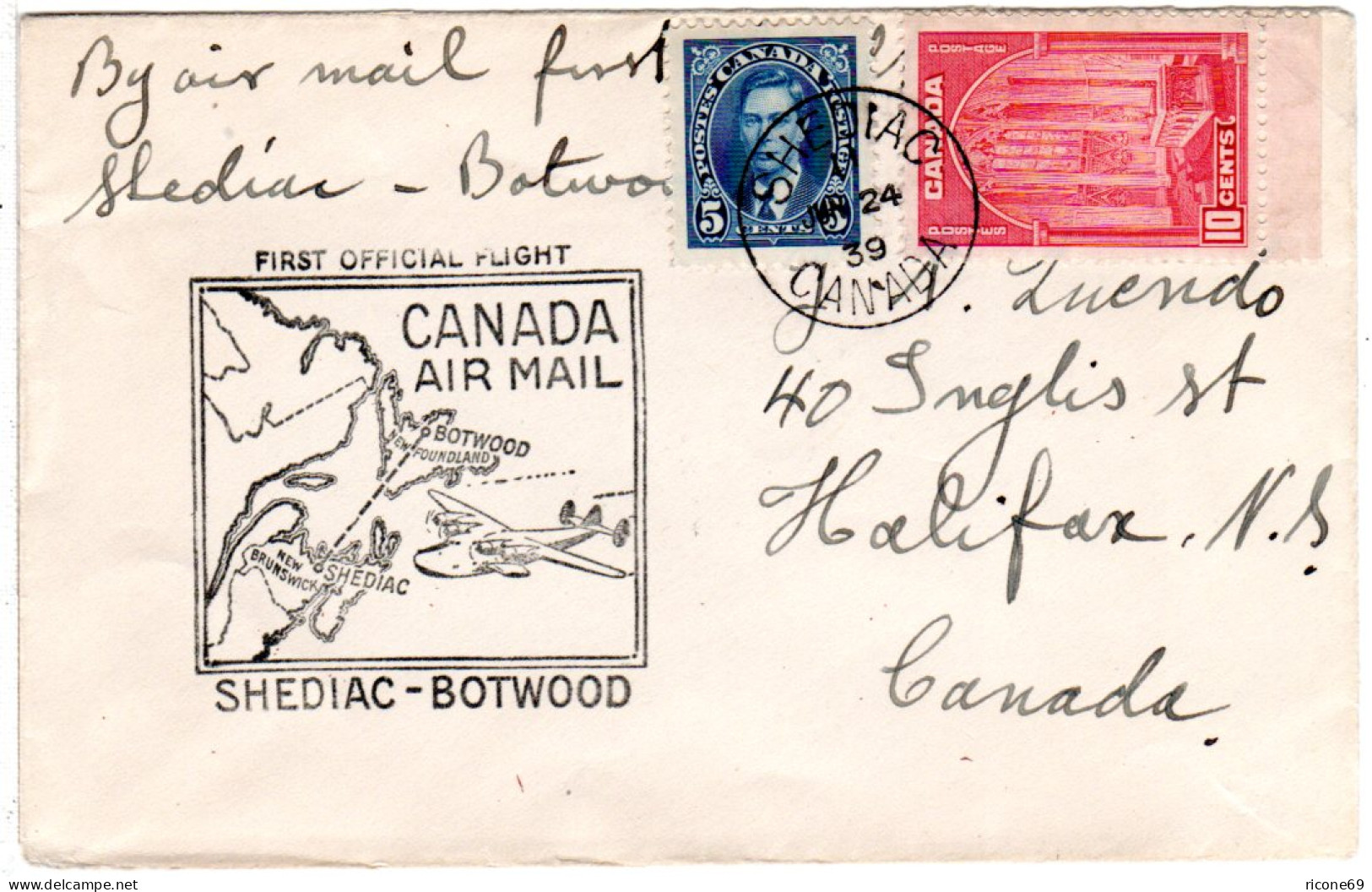 Canada 1939, SHEDIAC-BOTWOOD 1st.-Flight Cover With 5+10 C. - Postal History