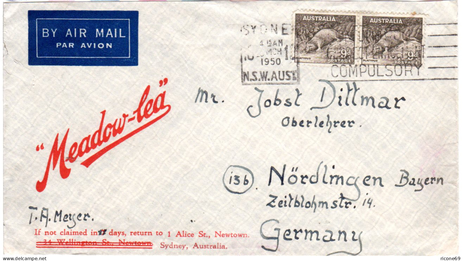 Australien 1950, Paar 9d Schnabeltier (Platypua) Auf Luftpost Brief V. Sydney - Sonstige - Ozeanien