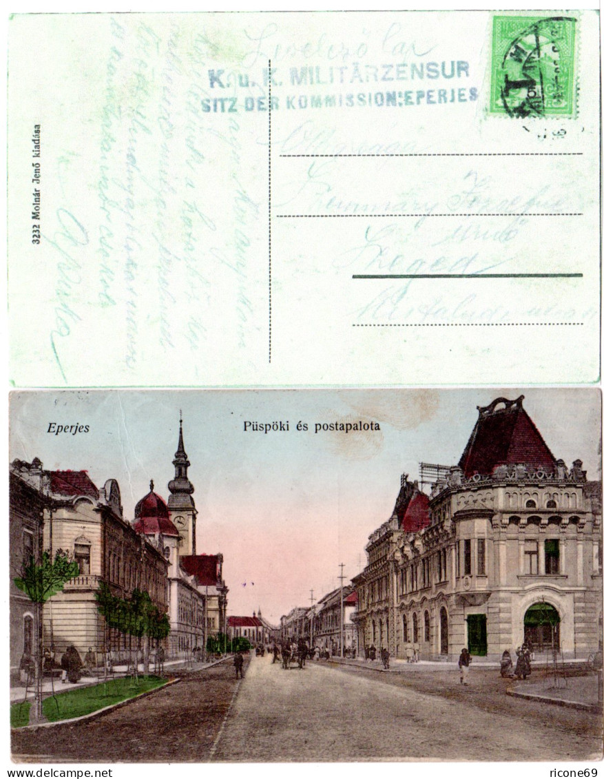 Slowakei/Ungarn, Eperjes, Püspöki és Postapalota, 1915 Gebr. Farb-AK M. Zensur - Briefe U. Dokumente