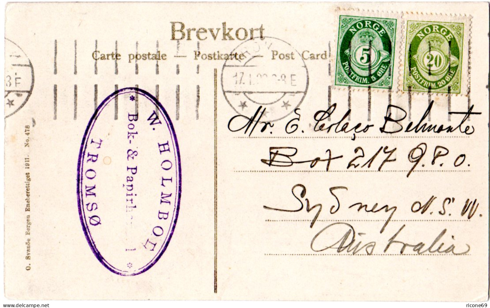 Norwegen 1920, 5+20 öre Auf Spitzbergen Polar-AK V. Tromsö N. Australien - Cartas & Documentos