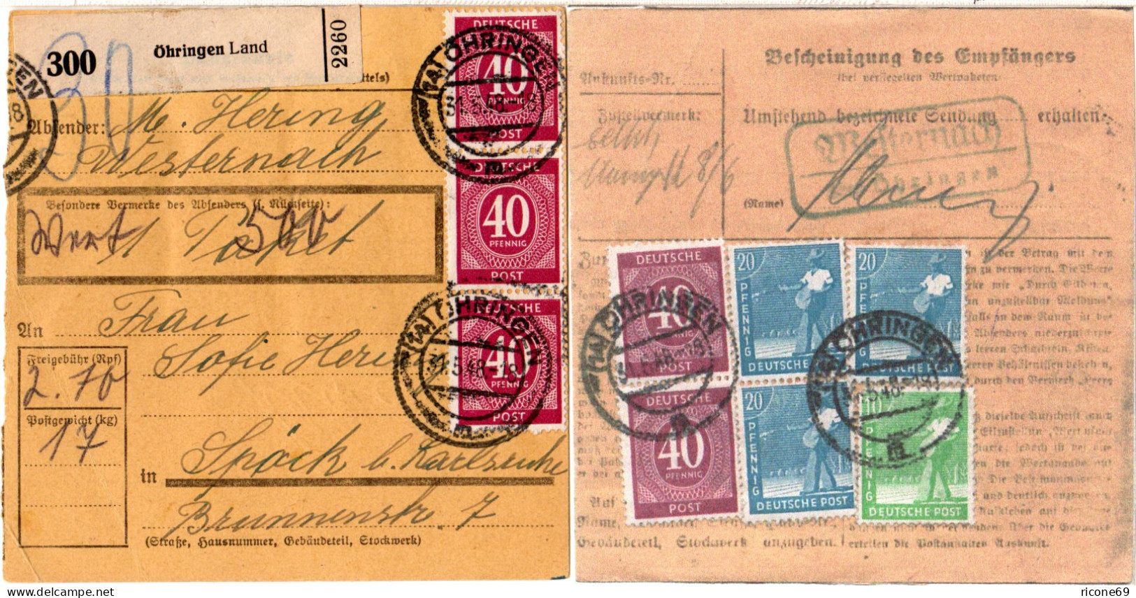 1948, Landpoststempel Westernach über Öhringen Rs. Auf Paketkerte M. 9 Marken - Lettres & Documents