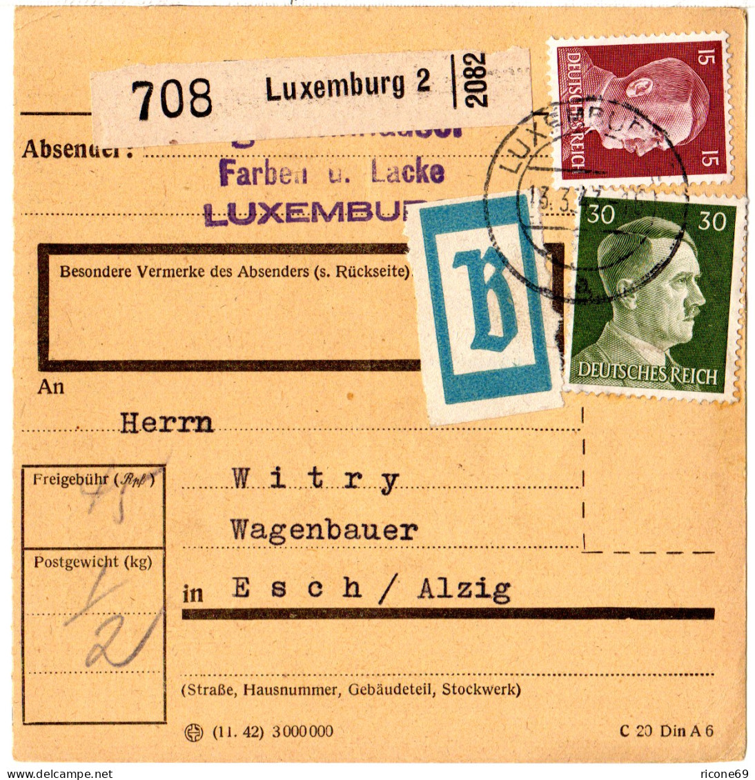 Luxemburg 1943, 15+30 Pf. Auf Paketkarte M. "B"-Zettel U. Rs. Zustellgebührstpl. - Occupation 1938-45