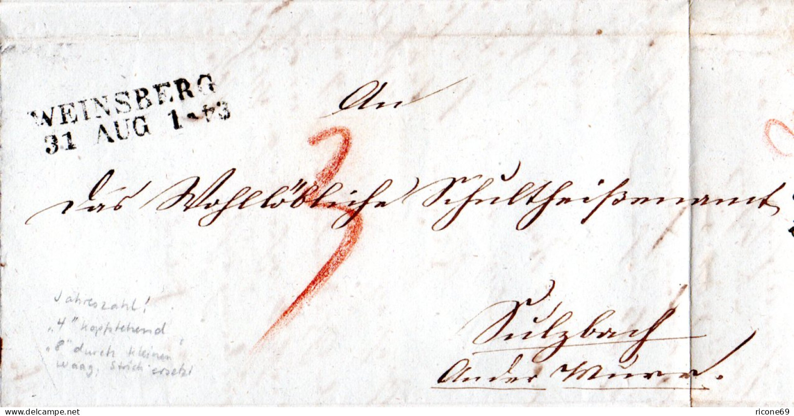 Württemberg 1843, L2 WEINSBERG M. Stempelfehler Im Datum Auf Brief N. Sulzbach - Préphilatélie