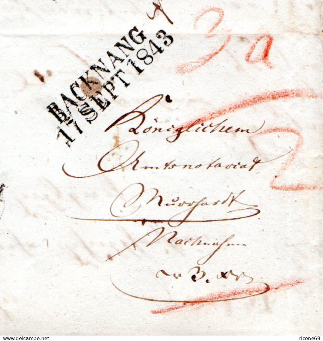 Württemberg 1843, L2 WEINSBERG M. Stempelfehler Im Datum Auf Brief N. Sulzbach - [Voorlopers