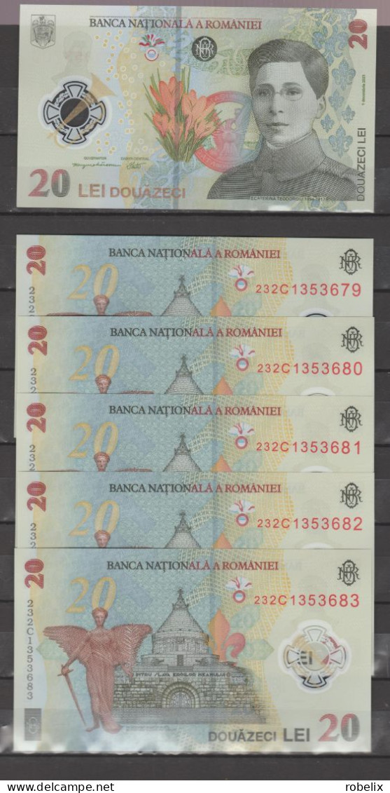 ROMANIA  5 X 20 LEI - 2021 (Reprint 2023 New ) -Set Of 5 Banknotes Consecutive Series ECATERINA TEODOROIU- Polymer -UNC - Romania