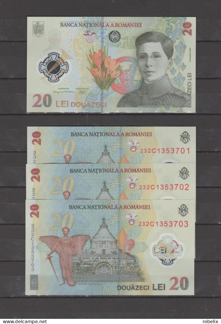 ROMANIA  3 X 20 LEI - 2021 (Reprint 2023 New ) -Set Of 3 Banknotes Consecutive Series ECATERINA TEODOROIU- Polymer -UNC - Rumänien