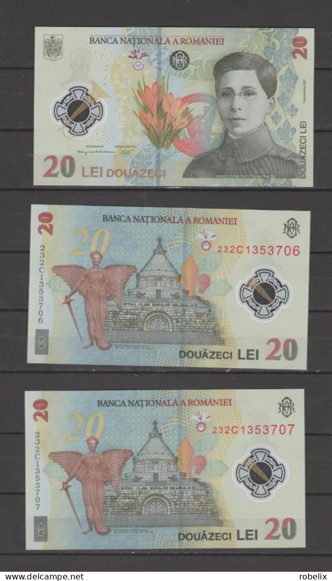 ROMANIA  2 X 20 LEI - 2021 (Reprint 2023 New ) -Set Of 2 Banknotes Consecutive Series ECATERINA TEODOROIU- Polymer -UNC - Roumanie