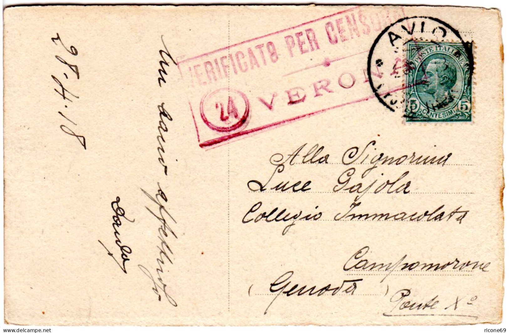 Italien 1918, 5 C. Auf Karte V. Avio M. Verona Zensur - Non Classés